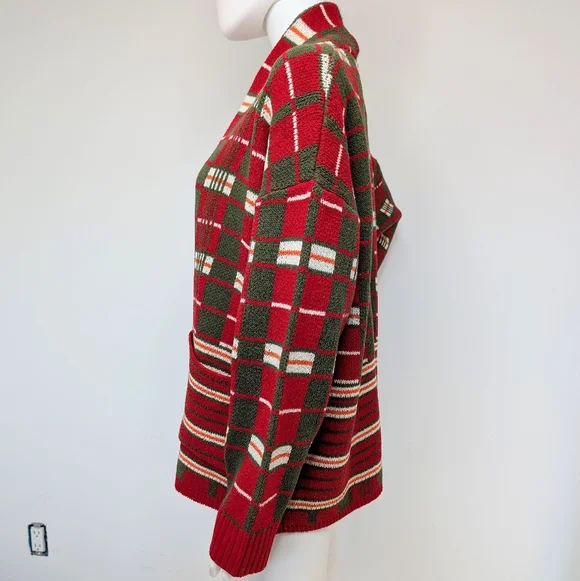 Men's Retro Red, Green, & Orange Plaid Open Style Shawl Collar Cardigan Sweater - Picture 5 of 7